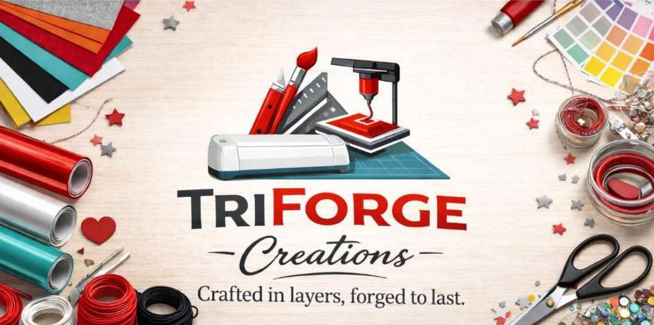 TriForce Creations branding with crafting tools and materials on a light background